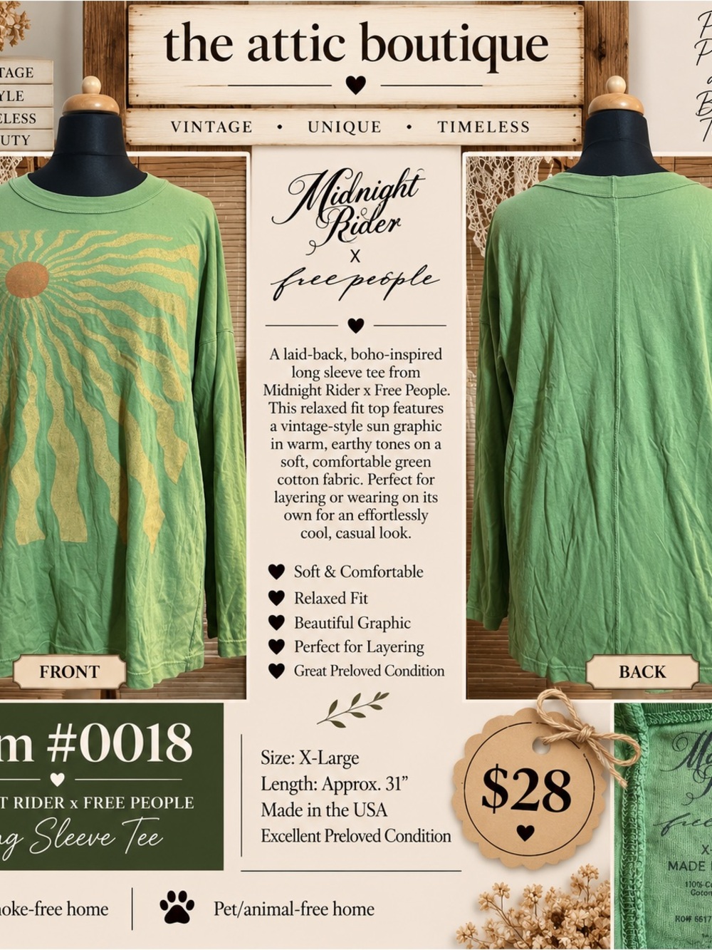 Free People Green Long Sleeve Tee with Vintage Sun Graphic